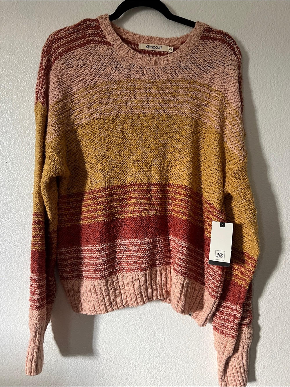 Rip Curl Colorblock Crewneck Sweater in Pink, Mustard & Red